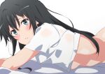  1girl absurdres bangs black_hair blue_eyes blush breasts commentary_request highres long_hair looking_at_viewer lying on_stomach shirt short_sleeves shou937 sidelocks simple_background small_breasts solo white_background white_shirt yahari_ore_no_seishun_lovecome_wa_machigatteiru. yukinoshita_yukino 