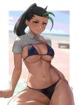  1girl absurdres beach bikini black_bikini black_hair blurry blurry_background blush border breasts brown_eyes cleavage closed_mouth collared_shirt cropped_shirt dark-skinned_female dark_skin green_hair hair_pulled_back highres large_breasts looking_at_viewer multicolored_hair navel necktie nemona_(pokemon) noras ocean orange_necktie outside_border pokemon pokemon_(game) pokemon_sv shirt short_sleeves sitting smile solo streaked_hair swimsuit twitter_username white_border white_shirt 