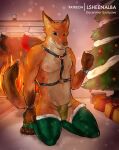  anthro biceps canid canine chest_harness christmas christmas_clothing christmas_tree clothed clothing collar digital_media_(artwork) disney fireplace fox harness hi_res holidays legwear lsheena male mammal muscular muscular_male nick_wilde nipples nude patreon patreon_exclusive plant red_fox simple_background solo solo_focus stockings thong tree underwear zootopia 