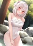  1girl :o bare_arms bare_shoulders blush breasts casual_one-piece_swimsuit commentary_request covered_navel day frilled_swimsuit frills grey_hair groin hair_bobbles hair_ornament hand_up karutamo large_breasts long_hair looking_at_viewer one-piece_swimsuit one_side_up onsen original outdoors parted_lips red_eyes sitting solo swimsuit tisshu_(karutamo) tree water white_one-piece_swimsuit 