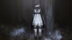  1girl bow dress fallenshadow feet_out_of_frame forest hair_bow heart highres holding holding_knife horror_(theme) indie_virtual_youtuber kitchen_knife knife looking_at_viewer medium_hair mercure_1104 monochrome nature night off-shoulder_dress off_shoulder open_mouth outdoors pantyhose ribbon shaded_face smile solo thighhighs tree virtual_youtuber wrist_ribbon yandere 