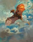  baguette bat_wings bread cloud cloudy_sky devin_elle_kurtz doughnut dragon english_commentary flying food highres holding holding_with_tail mouth_hold no_humans original prehensile_tail sky tail western_dragon wings 