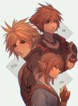  3boys armor black_shirt blonde_hair blue_eyes blue_shirt blue_tunic brown_gloves brown_hair chain_necklace cloud_strife earrings final_fantasy final_fantasy_vii final_fantasy_vii_remake fingerless_gloves gloves hair_between_eyes hair_tie hood hood_down hooded_jacket jacket jewelry kingdom_hearts link looking_at_viewer looking_to_the_side low_ponytail male_focus multiple_boys necklace pointy_ears sera_(serappi) shirt short_hair shoulder_armor sidelocks single_bare_shoulder sleeveless sleeveless_turtleneck sora_(kingdom_hearts) spiked_hair the_legend_of_zelda the_legend_of_zelda:_breath_of_the_wild turtleneck upper_body 