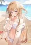  1girl bangs beach bikini blonde_hair blue_eyes blue_sky blurry blush breasts cloud collarbone commentary_request cowboy_shot day depth_of_field frilled_bikini frills hair_ribbon hand_up highres kanda_done long_hair long_sleeves looking_at_viewer mountainous_horizon navel ocean off_shoulder open_clothes open_mouth open_shirt original outdoors ribbon sand shirt sky small_breasts smile solo standing stomach sweat swimsuit two_side_up very_long_hair water white_bikini white_ribbon white_shirt 