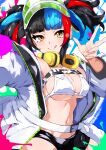  1girl absurdres breasts fate/grand_order fate_(series) headphones headphones_around_neck highres isocha jacket large_breasts multicolored_hair navel sei_shounagon_(fate) sei_shounagon_(swimsuit_berserker)_(fate) short_shorts shorts splatter_background tongue tongue_out twintails v visor_cap white_jacket yellow_eyes 