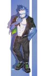  2022 abs anthro artist_name belt belt_buckle blue_body blue_fur blush blush_lines body_hair bottomwear bulge canid canine canis clothed clothing countershade_face countershade_torso countershading digital_media_(artwork) ear_piercing ear_ring footwear full-length_portrait fur hand_in_pocket happy_trail hi_res looking_at_viewer male mammal muscular muscular_anthro muscular_male navel neck_tuft necktie nipples open_clothing open_shirt open_topwear pants parasouleater pecs piercing pockets portrait pose red_eyes ring_piercing scar shirt shoes simple_background smile solo standing topwear tuft wolf 