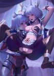 2girls absurdres animal_ears armor arms_up bdsm black_pantyhose bondage bound breast_grab breast_sucking cat_ears crotch_cutout fingering grabbing grey_hair h.an_(516635864) highres long_hair looking_at_another m_(xenoblade) mio_(xenoblade) multiple_girls nipple_tweak nipples open_mouth pantyhose pussy selfcest short_hair skirt spoilers suspension torn_camisole torn_clothes torn_pantyhose torn_skirt uncensored xenoblade_chronicles_(series) xenoblade_chronicles_3 yuri 