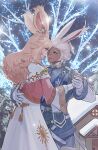  1boy 1girl animal_ears avatar_(ff14) blonde_hair blue_eyes byuub dancing dark-skinned_male dark_skin earrings final_fantasy final_fantasy_xiv gloves hand_on_another&#039;s_back hand_on_another&#039;s_shoulder highres holding_hands jewelry long_hair rabbit_ears red_eyes short_hair snow tree viera white_gloves white_hair 