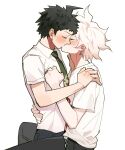  2boys ahoge bangs black_pants blush brown_hair closed_eyes collared_shirt danganronpa_(series) danganronpa_2:_goodbye_despair from_side green_necktie gu_(cubtable) hand_on_another&#039;s_shoulder highres hinata_hajime kiss komaeda_nagito male_focus multiple_boys necktie no_jacket pants shirt short_hair short_sleeves sitting white_hair white_shirt yaoi 