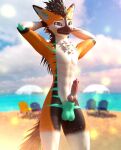  16:9 3d_(artwork) anthro balls beach bodily_fluids canid canine cum digital_media_(artwork) erection fur genital_fluids genitals hair hi_res knot looking_at_viewer male male/male mammal nude penis rexouium sand seaside sky solo video_games vrchat water widescreen 