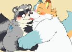  2022 absurd_res anthro blush canid canine canis domestic_dog duo embrace eyewear ginnosuke glasses grey_body hi_res hug kemono kissing male mammal overweight overweight_male procyonid raccoon tattoo tongue tongue_out white_body 