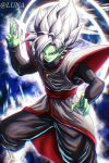  1boy absurdres artist_name baggy_pants bangs black_pants black_shirt buttons colored_skin commentary_request dougi dragon_ball dragon_ball_super earrings energy fang feet_out_of_frame fused_zamasu glint glowing green_skin grey_eyes grin hand_up highres jewelry long_sleeves looking_at_viewer luna_(tdvt7332) male_focus pants parted_bangs potara_earrings red_sash ring sash shirt smile solo spiked_hair teeth twitter_username undershirt v-shaped_eyebrows white_hair 