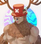  2022 abstract_background anthro antlers arm_tuft barazoku blep brown_body brown_fur capreoline clothing deer deltoids digital_media_(artwork) ear_tuft front_view fur hat headgear headwear hi_res horn looking_at_viewer male mammal muscular muscular_anthro muscular_male neck_tuft nipples one_piece parasouleater pecs reindeer smile solo tongue tongue_out tony_tony_chopper tuft 