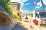  1girl blue_skirt cloud fish fjsmu ground_vehicle hat highres house motor_vehicle original road scenery short_hair short_sleeves skirt sky standing straw_hat summer truck utility_pole wind 