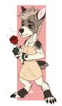  2017 absurd_res anthro black_claws bottomwear brown_body brown_eyes brown_fur canid canine canis chest_tuft chibi claws clothed clothing dated domestic_dog female flower full-length_portrait fur glistening glistening_eyes glistening_hair hair hi_res holding_flower holding_object holding_rose mammal messy narrowed_eyes plant portrait red_rose riorix rose_(flower) short_hair signature simple_background skirt solo standing tan_hair tuft white_body white_fur yellow_bottomwear yellow_clothing yellow_skirt 