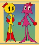  bow_ribbon clothed clothing duo female ghost hair half-closed_eyes hi_res humanoid ms._pac-man narrowed_eyes pac-man_(series) pink_body pinky_(pac-man) rexon02 simple_background slim spirit toony video_games yellow_body 