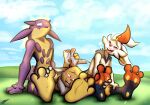  ambiguous_gender anthro cinderace countershade_feet countershading doopnoop_(artist) feet foot_fetish foot_focus foot_rub generation_1_pokemon generation_8_pokemon group hi_res nintendo orange_body pawpads pokemon pokemon_(species) purple_body raichu rubbing_feet soles toxtricity trio video_games white_body 