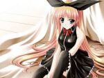  1girl amane_sou bare_shoulders black_eyes black_skirt blanket blush bow bowtie breasts duplicate hair_ribbon image_sample large_breasts long_hair looking_at_viewer lowres ribbon sayonara_etranger shiny sitting skirt smile solo thighhighs third-party_source very_long_hair 