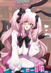  1girl absurdres animal_ear_fluff animal_ears bangs black_bow black_gloves blush bow breasts card coattails collared_shirt corset dress_shirt fate/grand_order fate_(series) fox_tail glasses gloves hair_between_eyes hair_bow highres koyanskaya_(assassin)_(second_ascension)_(fate) koyanskaya_(fate) large_breasts long_hair long_sleeves looking_at_viewer nanakaku open_mouth pantyhose pink_hair pink_vest playing_card poker_chip rabbit_ears shirt sidelocks smile tail tamamo_(fate) thighs tongue tongue_out twintails underbust vest white_pantyhose white_shirt yellow_eyes 