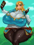  2022 absurd_res big_breasts breasts camel_toe clothing female gausscannon gesture hi_res huge_breasts humanoid_pointy_ears nintendo nipple_outline open_mouth princess_zelda solo the_legend_of_zelda tongue v_sign video_games 