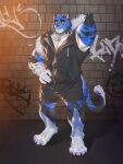  2022 3:4 anthro armpit_hair artist_name bell bell_collar blue_body blue_fur body_hair bottomwear brick_wall brown_eyes chest_tuft claws clothed clothing collar countershading digital_media_(artwork) digitigrade ear_piercing ear_ring felid fully_clothed fur graffiti grin hand_behind_head hand_on_hip hi_res hoodie looking_at_viewer male mammal muscular muscular_anthro muscular_male pantherine parasouleater piercing ring_piercing shirt shorts sleeveless_hoodie smile solo standing striped_body striped_fur stripes t-shirt teeth tiger topwear tuft wall_(structure) 