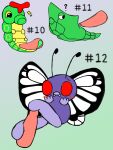  2022 ambiguous_gender antennae_(anatomy) blush butterfree caterpie digital_media_(artwork) erection feral foot_fetish foot_play footjob generation_1_pokemon genitals hi_res male metapod nintendo penis pokemon pokemon_(species) red_eyes secretsableye sex simple_background tail_fetish tail_play tail_sex tailjob text two-footed_footjob video_games wings 