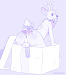  absurd_res anthro antlers anus backsack balls bell big_butt blush body_blush bootyfeather butt butt_blush collar deer erection genitals gift gift_box hi_res horn humanoid_genitalia humanoid_penis looking_back male mammal monochrome monotone_background penis presenting presenting_hindquarters side_profile smirking_at_viewer solo tongue tongue_out 