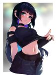  1girl absurdres aqua_eyes arm_at_side bangs black_choker black_hair black_shirt blue_pants blunt_bangs blurry blurry_background blush bocchi_the_rock! choker closed_mouth clothes_lift clothing_cutout colored_inner_hair cropped_torso ear_piercing grey_background highres lifted_by_self lip_piercing looking_at_viewer multi-strapped_shirt multicolored_hair navel navel_piercing open_fly outline pa-san pants piercing shirt shirt_lift short_sleeves shoulder_cutout sidelcoks smile solo teru_(teru11061) white_outline 