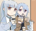  1boy 1girl alternate_costume bag bangs blue_hair blue_jacket blunt_bangs brother_and_sister brown_jacket bubble_tea casual coffee_cup commentary contemporary cup disposable_cup drinking_straw genshin_impact grey_eyes hair_between_eyes highres holding holding_cup jacket kamisato_ayaka kamisato_ayato long_hair open_clothes open_jacket ponytail purple_eyes shirt short_hair siblings upper_body white_shirt xinzoruo 