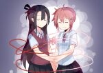  2girls ^_^ black_hair black_skirt brown_hair closed_eyes closed_mouth collared_shirt dress_shirt flower grey_background hair_flower hair_ornament hair_rings hairclip highres holding_hands interlocked_fingers koori_chikage long_hair multiple_girls neck_ribbon nogi_wakaba_wa_yuusha_de_aru parted_lips pleated_skirt purple_ribbon ribbon school_uniform shirt skirt smile sweater_vest takashima_yuuna very_long_hair white_flower white_shirt xuu_shi_times yuusha_de_aru 