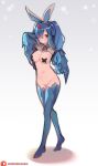 1girl animal_ears anivia arms_up artist_name bangs blue_thighhighs blush breasts cross_pasties fake_animal_ears full_body gem groin highres horns humanization large_breasts league_of_legends lewdishsnail long_hair meme_attire nude pasties playboy_bunny red_eyes reverse_bunnysuit reverse_outfit shiny shiny_hair single_horn smile standing thighhighs white_background wings 