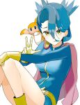  1girl black_bodysuit black_hair bodysuit cape dragon_tamer_(pokemon) fujiwara_echi gloves gold_belt gold_gloves highres long_hair looking_at_viewer pokemon pokemon_(creature) pokemon_(game) pokemon_sv ponytail red_cape single_hair_intake sitting tatsugiri tatsugiri_(stretchy) v yellow_eyes 