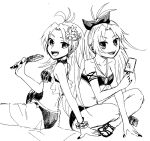  2girls :d armlet ball bangs beachball bikini bracelet capafull choker cleavage_cutout clothing_cutout dual_persona flower hair_flower hair_ornament hair_ribbon highres holding_ice_cream indian_style jewelry lace lace_choker long_hair looking_at_viewer magia_record:_mahou_shoujo_madoka_magica_gaiden mahou_shoujo_madoka_magica multiple_girls nail_polish navel open_mouth parted_bangs ponytail ribbon sakura_kyouko sakura_kyouko_(swimsuit_costume) sakura_kyouko_(swimsuit_ver.) sandals sarong simple_background sitting sketch smile swimsuit very_long_hair white_background 