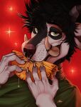  2017 anthro black_body black_fur black_hair bust_portrait circular_barbell_piercing clothed clothing dated eating eating_food eyelashes facial_piercing fangs food front_view fur glistening glistening_eyes green_clothing green_eyes green_topwear hair holding_food holding_object holding_pineapple horn looking_at_viewer male narrowed_eyes nose_piercing piercing pineapple_slice portrait ridged_horn riorix septum_circular_barbell septum_piercing short_hair signature simple_background solo sparkles species_request topwear tusks white_body white_fur 
