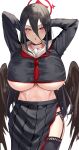  1girl :o absurdres arms_behind_head black_hair black_serafuku black_wings blue_archive breasts hair_between_eyes halo hasumi_(blue_archive) highres large_breasts long_hair looking_at_viewer namazu_(yamasonson) neckerchief red_eyes red_neckerchief sailor_collar school_uniform serafuku simple_background solo underboob white_background white_sailor_collar wings 