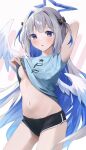  1girl amane_kanata angel_wings black_shorts blue_shirt breasts clothes_lift commentary_request cowboy_shot dolphin_shorts feathered_wings grey_hair halo highres hololive lifted_by_self midriff navel nel_dcm no_bra parted_lips purple_eyes revision shirt shirt_lift shorts simple_background small_breasts solo stomach two_side_up underboob virtual_youtuber white_background white_wings wings 