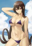  1girl bangs bare_shoulders beach bikini blue_sky breasts brown_hair cleavage collarbone fate/grand_order fate_(series) hair_between_eyes highres kugiseiichi large_breasts long_hair looking_at_viewer purple_bikini red_eyes sky smile solo swimsuit thighs xuangzang_sanzang_(fate) 