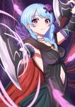  1girl abstract_background absurdres armpits bang_dream! blue_hair breasts cape cleavage detached_sleeves dual_wielding expressionless feathers flower frills hair_flower hair_ornament highres holding holding_weapon looking_at_viewer matsubara_kanon medium_hair navel nishiki_(nishiki4692) purple_eyes re:zero_kara_hajimeru_isekai_seikatsu solo sword weapon 