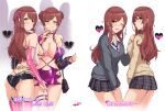  2girls absurdres brown_hair choker corruption highres idolmaster idolmaster_shiny_colors long_hair multiple_girls osaki_amana osaki_tenka school_uniform siblings sisters tattoo translation_request twogie yellow_eyes 