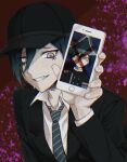  1boy bangs black_hair black_headwear black_jacket blood blush brown_eyes buttons collared_shirt danganronpa_(series) danganronpa_v3:_killing_harmony double-breasted grin hand_up holding holding_phone iei jacket long_sleeves necktie official_alternate_costume phone pink_blood red_background saihara_shuuichi shirt short_hair smile solo striped_necktie sweat teeth waldo_(0lzreal_bot) white_shirt 