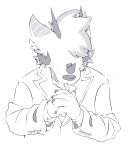  anthro canid canine canis cigarette clothed clothing digital_media_(artwork) eyeless greyscale hair hi_res horn line_art maddoxile maddoxile_ddox_roskov male mammal monochrome simple_background sketch smoking smoking_cigarette solo white_background wolf 