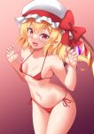  1girl absurdres bikini blonde_hair breasts crystal fang fingernails flandre_scarlet gradient gradient_background hat highres looking_at_viewer medium_hair mob_cap navel open_mouth pointy_ears red_background red_bikini red_eyes side_ponytail small_breasts solo standing swimsuit tokyo_yamane touhou wings 