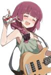 1girl :d ^_^ absurdres bangs bare_shoulders black_nails blunt_bangs bocchi_the_rock! braid braided_ponytail closed_eyes commentary_request dress drunk electric_guitar fingernails gazacy_(dai) green_dress guitar hair_over_shoulder happy highres hiroi_kikuri holding holding_carton holding_instrument instrument long_hair nail_polish off-shoulder_dress off_shoulder red_hair sake_carton sharp_teeth simple_background sleeveless sleeveless_dress smile solo teeth upper_teeth_only white_background 