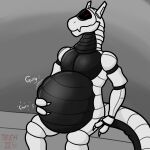  abdominal_bulge ambiguous_gender anthro belly big_belly bodily_noises churn death digestion digestion_noises fatal_vore grey_background hi_res long_tail machine robot rumbling_stomach simple_background sitting solo sound_effects stalvelle synth_(vader-san) tech_coyote vore 