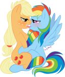  2013 alpha_channel applejack_(mlp) bedroom_eyes blonde_hair blue_body clothed clothed_feral clothing colored cutie_mark digital_media_(artwork) duo earth_pony equid equine eyelashes female female/female feral flat_colors footwear freckles french_kissing friendship_is_magic g-blue16 green_eyes hair hasbro hi_res holding_head horse kissing legwear lidded_eyes mammal multicolored_clothing multicolored_footwear multicolored_hair multicolored_socks multicolored_tail my_little_pony narrowed_eyes orange_body pattern_clothing pattern_footwear pattern_legwear pattern_socks pegasus pink_eyes pink_tongue pony rainbow_clothing rainbow_dash_(mlp) rainbow_footwear rainbow_hair rainbow_socks rainbow_tail seductive simple_background sitting socks striped_clothing striped_footwear striped_socks stripes suggestive tongue tongue_out transparent_background wings yellow_tail 