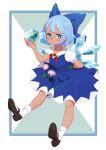  1girl bangs blue_bow blue_dress blue_eyes blue_hair bow breasts brown_footwear cirno collared_shirt dress flower hair_bow hair_flower hair_ornament highres ice ice_wings neck_ribbon pandako pinafore_dress plant red_ribbon ribbon shirt shoes short_dress short_hair small_breasts socks solo sunflower sunflower_hair_ornament tan tanned_cirno touhou vines white_background wings 