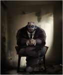  anthro bear beard brown_body chair cigar clothing eyewear facial_hair footwear furniture hi_res kumagaya_shin looking_at_viewer love_mechanic male mammal overweight overweight_male pose shoes sideburns sitting solo suit sunglasses tom_(lm) tusks 
