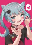  1girl absurdres amai_melo animal animal_(vocaloid) animal_ears animal_hair_ornament aqua_eyes aqua_hair bandaid bandaid_on_arm bangs black_nails black_shirt blush bow cat_hair_ornament choker claw_pose drooling facial_mark fangs fingernails hair_bun hair_ornament hairclip hands_up hatsune_miku heart heart_choker heart_collar heart_o-ring heart_pendant heart_ring_choker highres long_hair looking_at_viewer multicolored_nails open_mouth overalls paw_hair_ornament paw_print pink_background red_bow red_nails red_overalls shirt simple_background sleeveless sleeveless_shirt smile solo spoken_object twintails upper_body vocaloid whisker_markings yellow_bow 