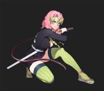  1girl bangs belt black_background black_jacket black_skirt breasts closed_mouth commentary full_body gradient_hair green_eyes green_hair high-waist_skirt high_collar holding holding_sword holding_weapon jacket jason_kim kanroji_mitsuri kimetsu_no_yaiba korean_commentary large_breasts long_hair long_sleeves looking_at_viewer miniskirt mole mole_under_eye multicolored_hair one_knee open_clothes open_jacket pink_hair pleated_skirt sandals sheath simple_background skirt solo sword thighhighs thighs tri_braids v-shaped_eyebrows weapon white_belt 