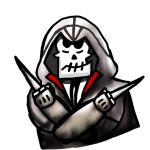  1boy alternate_costume assassin&#039;s_creed_(series) closed_mouth fingerless_gloves gloves grim_(grim_adventures) hidden_blade jacket kerubin_art looking_at_viewer shaded_face simple_background skeleton solo the_grim_adventures_of_billy_&amp;_mandy weapon white_background white_jacket 